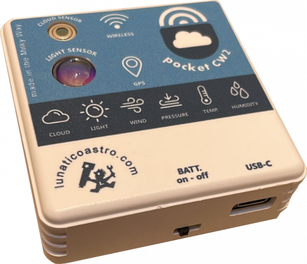 Pocket CW2, the portable solution for cloud detection, measuring sky quality, measuring the temperature, the relative humidity, the dew point, detecting wind, with GPS location, and all of it accessible from the phone and the PC.